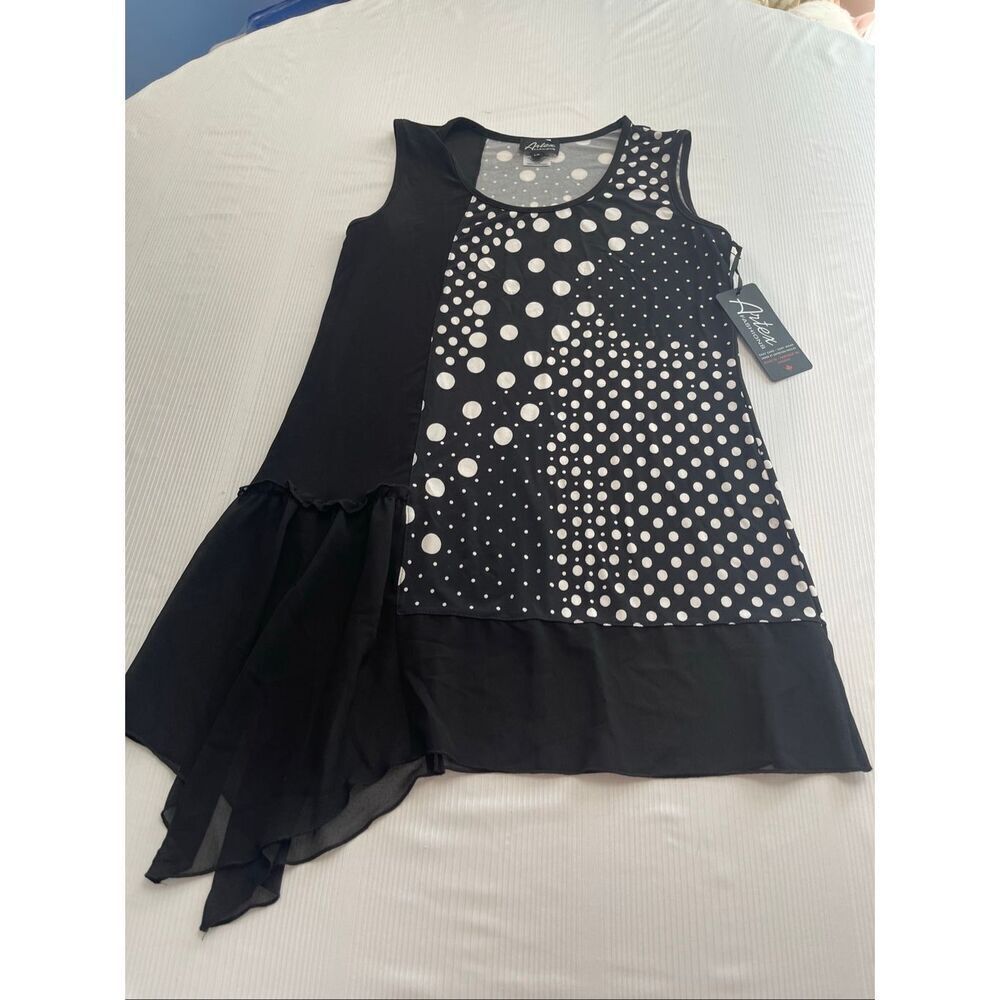 NWT Artex Fashions Women’s Black White Polka Dot Lagenlook Tank Top Size Large